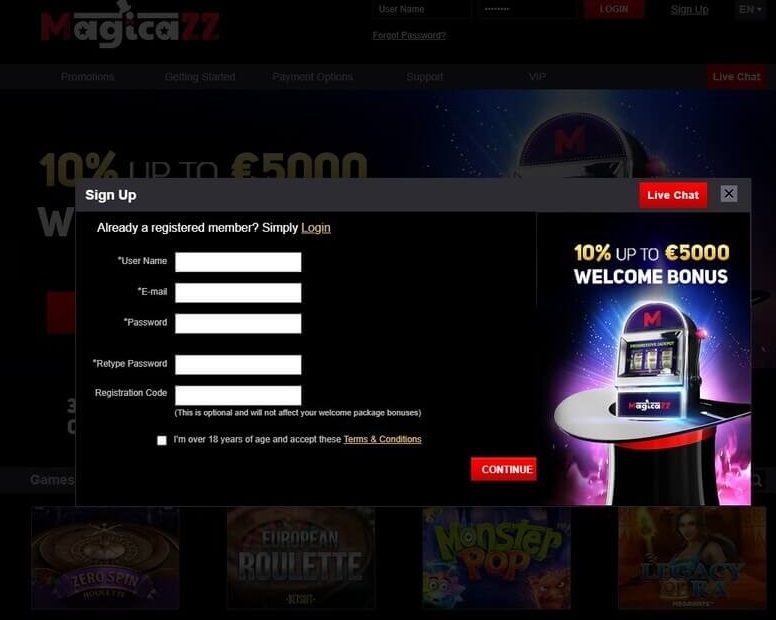 Magicazz Casino sign up tab