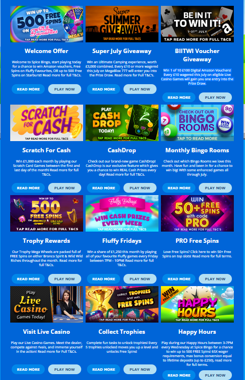online bingo Spice promotions page