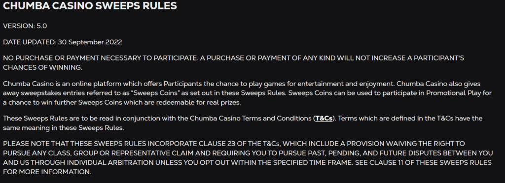 Chumba Casino Sweeps Rules