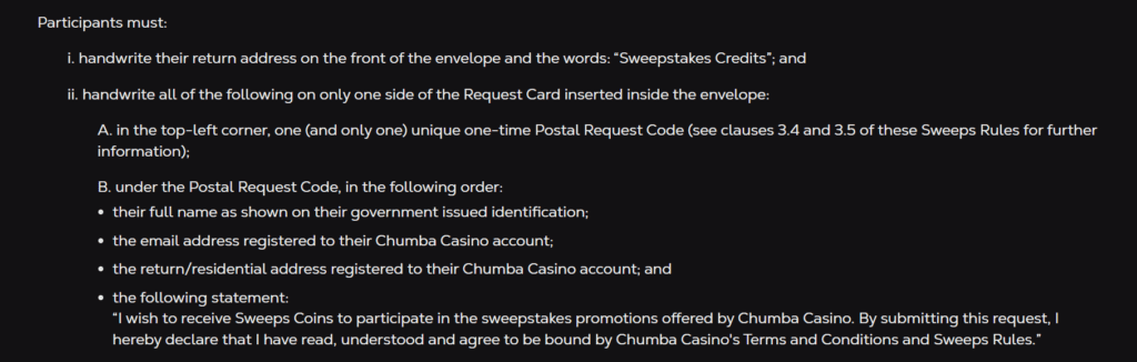 RULES TO SEND POST CARDS TO CLAIM SWEEPSTAKES COINS ON CHUMBA CASINO